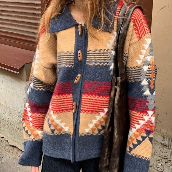 Multicolor Casual Women's  Geometric Pattern Lapel button down Cardigan - Picture 3 of 4